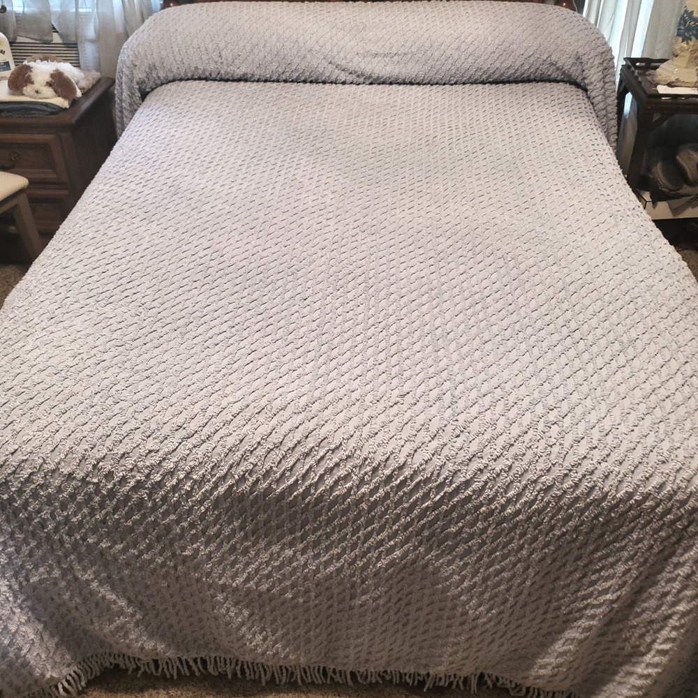 VTG Mohawk Bedspread Queen Blue Diamond Chenille Cotton Tufted Fringe Trim